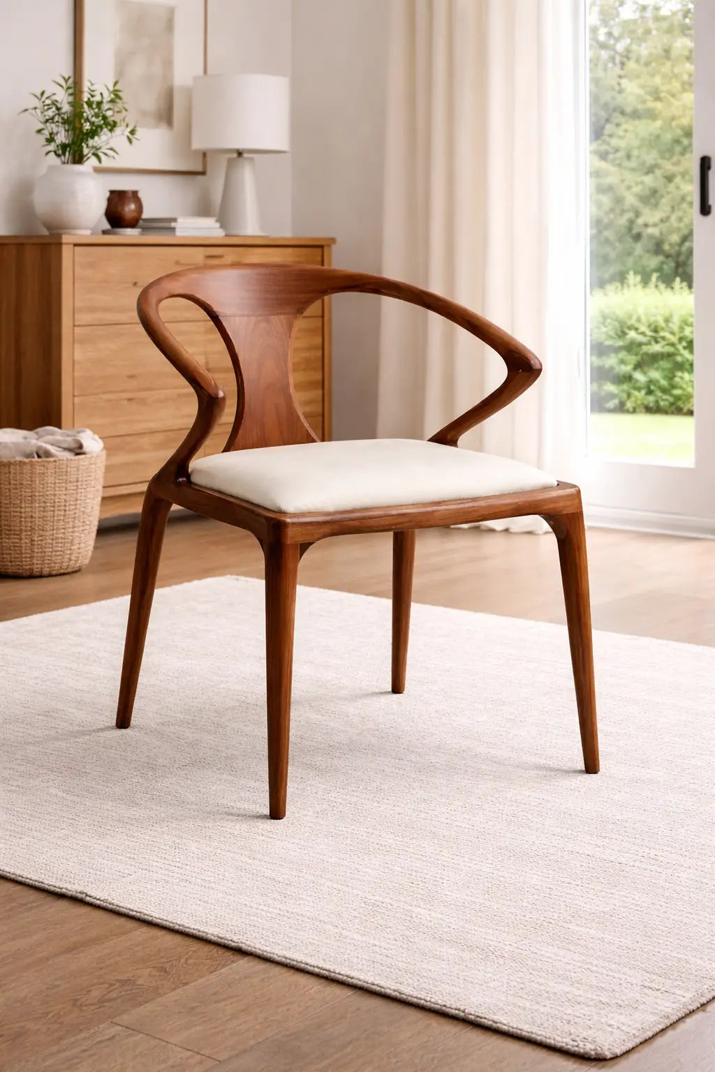 mid century modern dining chair UK solid wood frame upholstered seat clean background