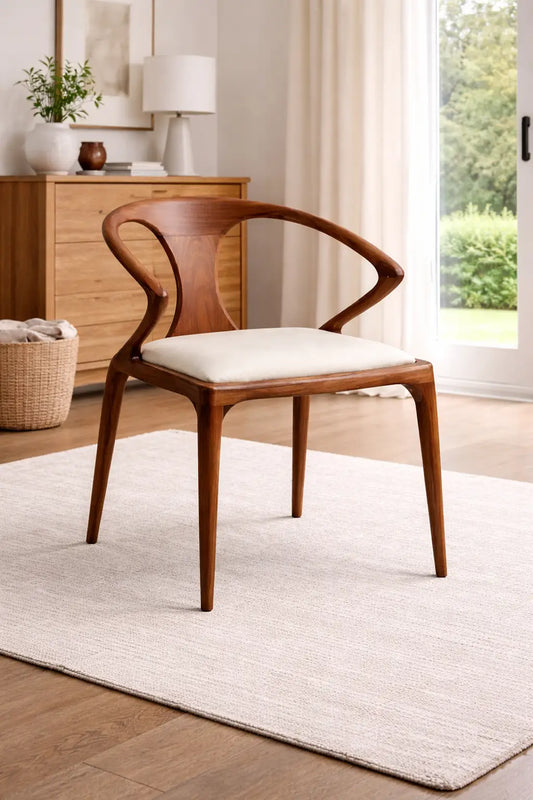 mid century modern dining chair UK solid wood frame upholstered seat clean background