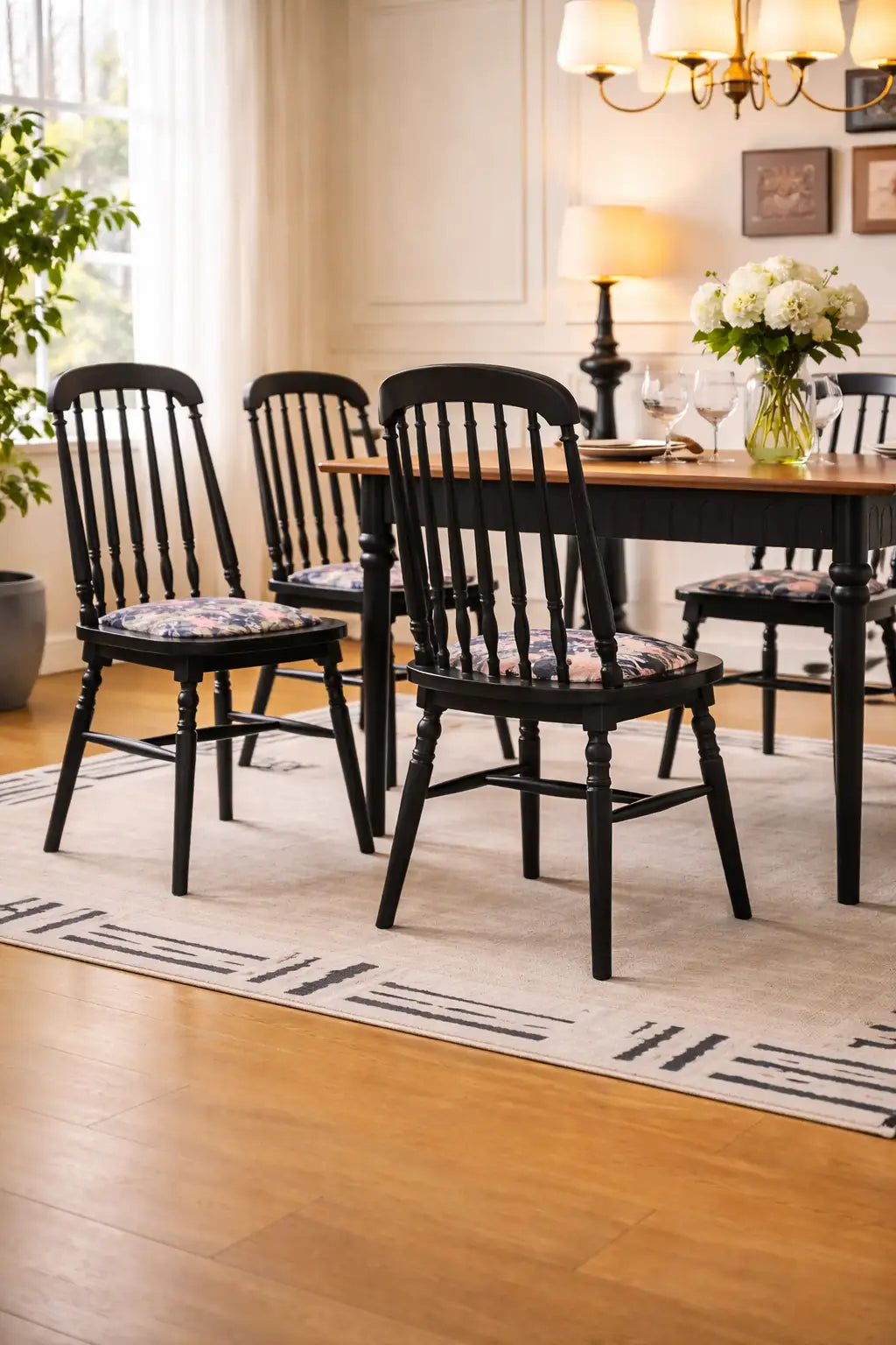 Belsize Chair set of four black ash wood dining chairs with floral cotton cushions in a classic UK dining room