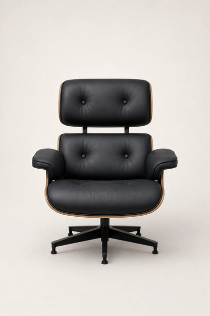 Front view of mid-century boss chair with black leather upholstery, padded armrests and swivel base