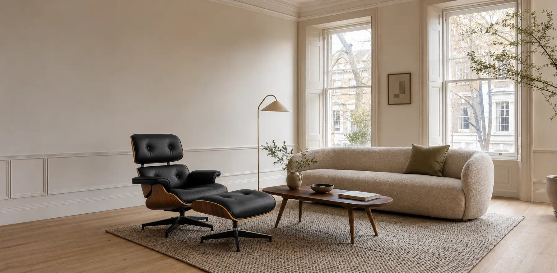 Black chair and ottoman in UK living room 