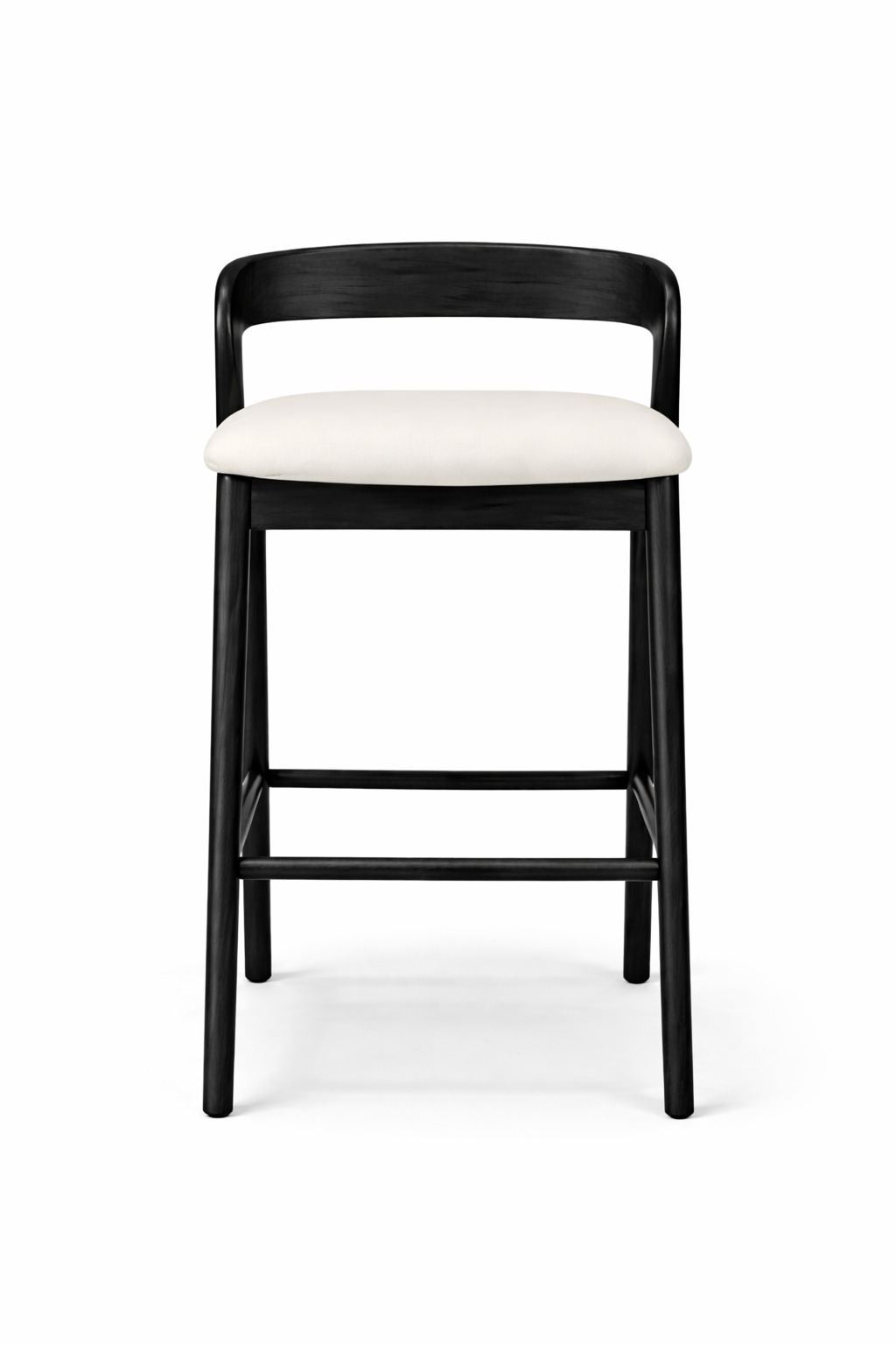 Black bar stool with a white cushion on a white background