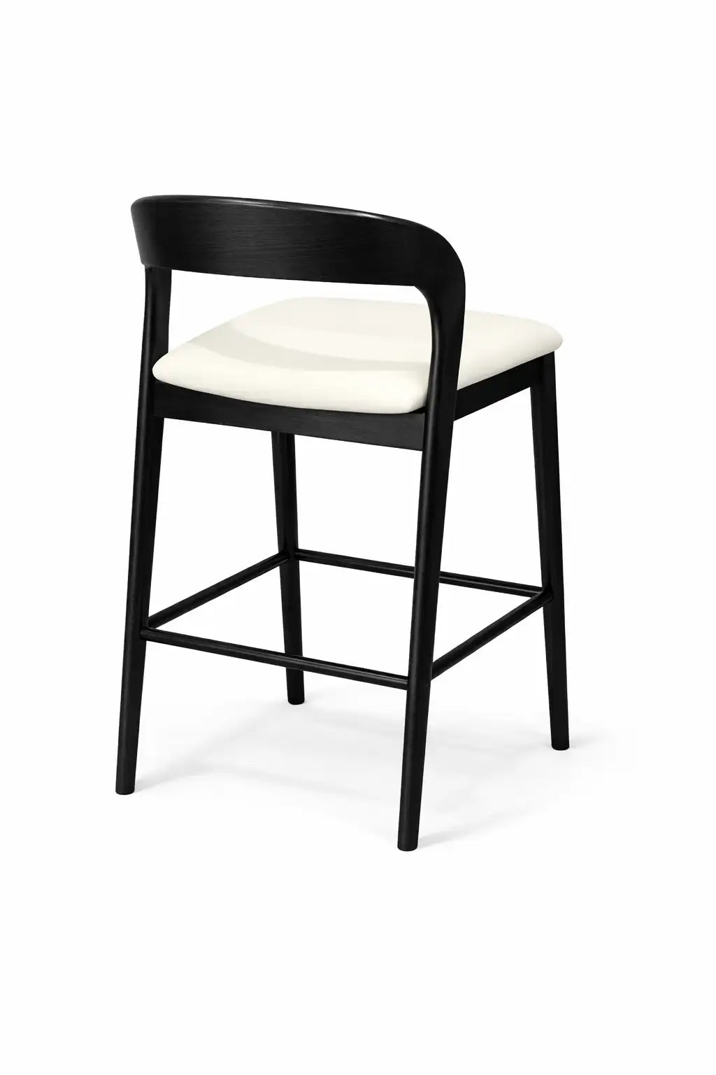 Black bar stool with white cushion on a white background