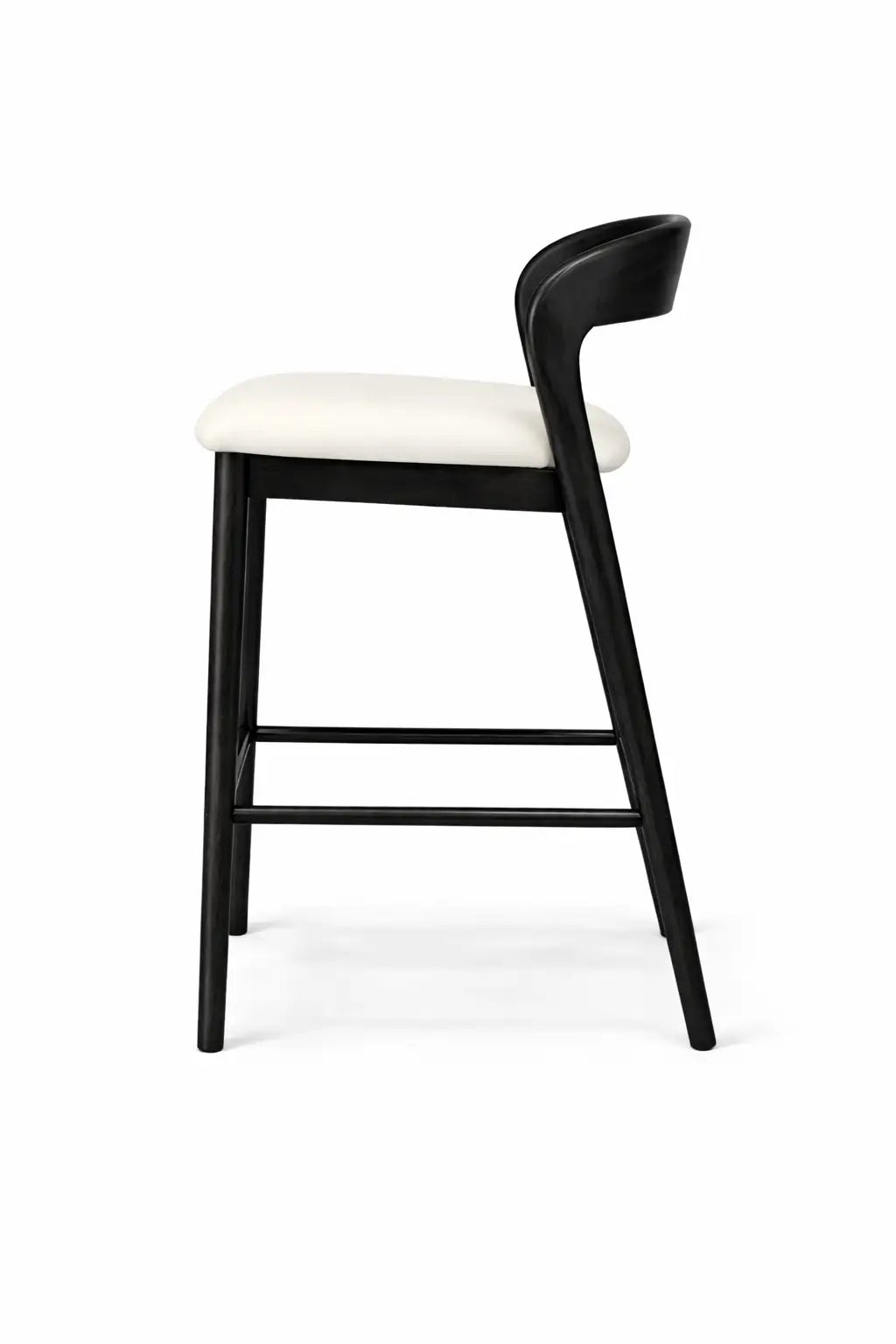 Bar stool with black frame and white cushion on a white background