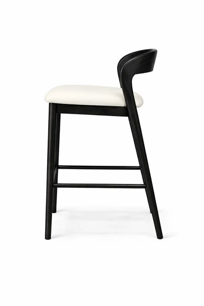 Bar stool with black frame and white cushion on a white background