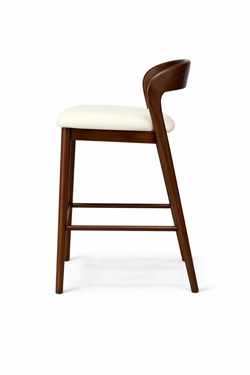 Wooden bar stool with a white cushioned seat on a white background