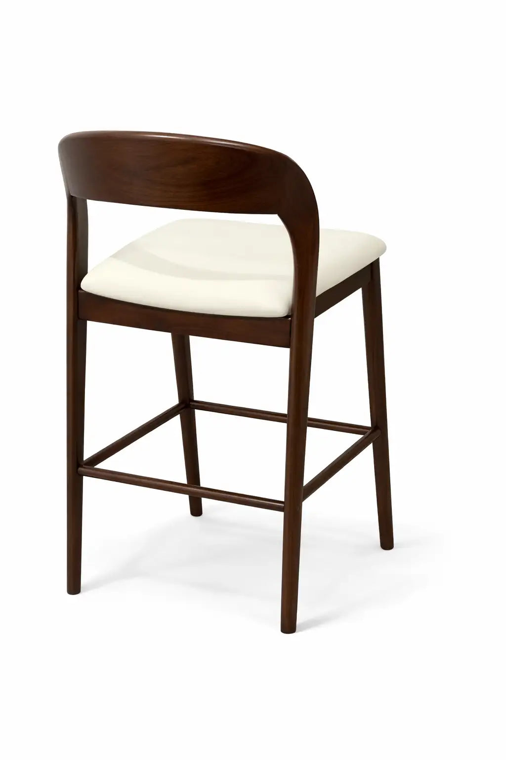 Wooden bar stool with a white cushion on a white background