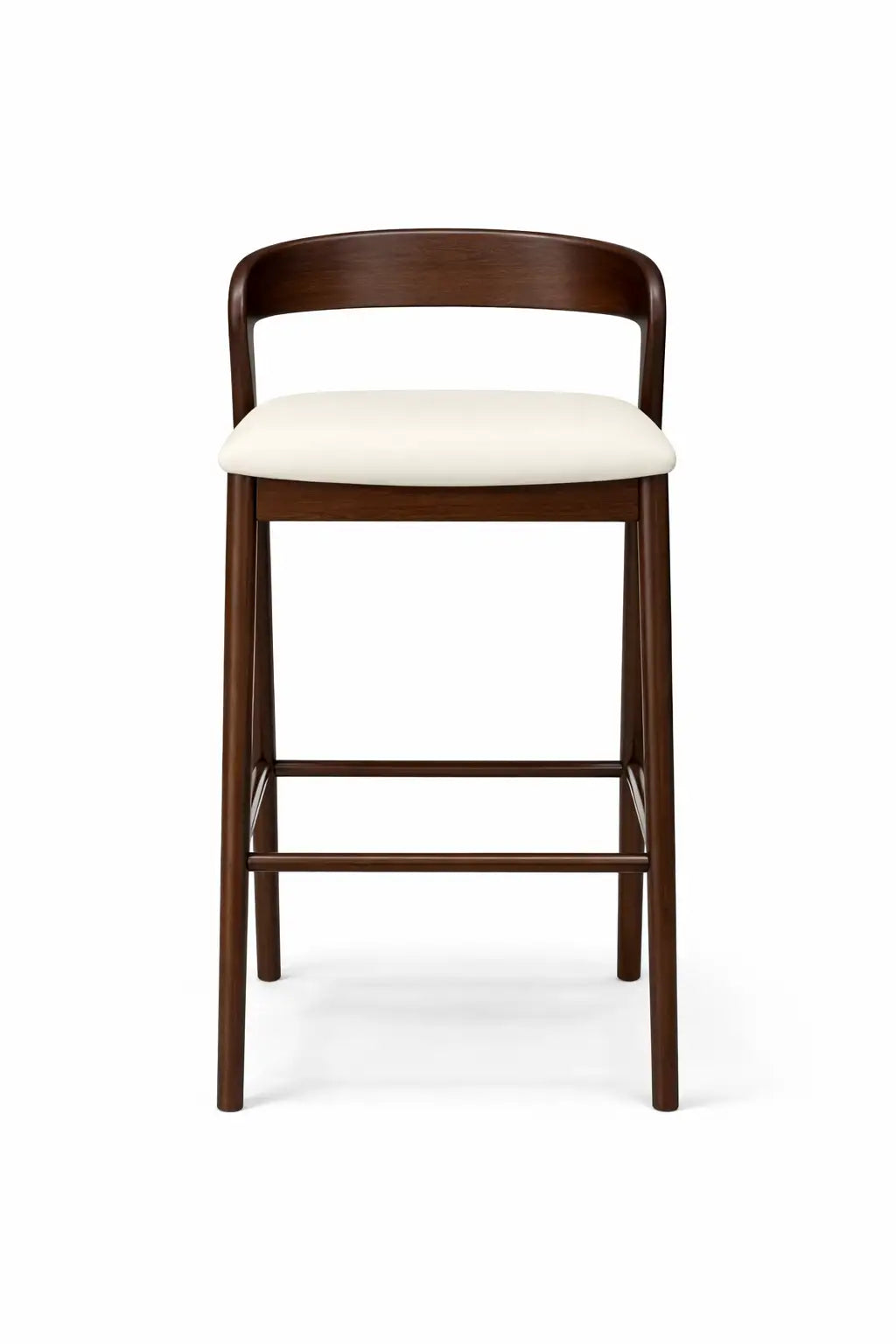 Bar stool with wooden frame and white cushion on a white background