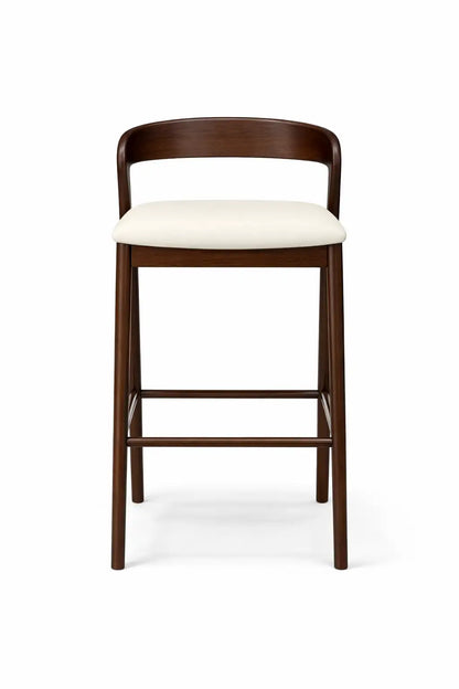 Bar stool with wooden frame and white cushion on a white background