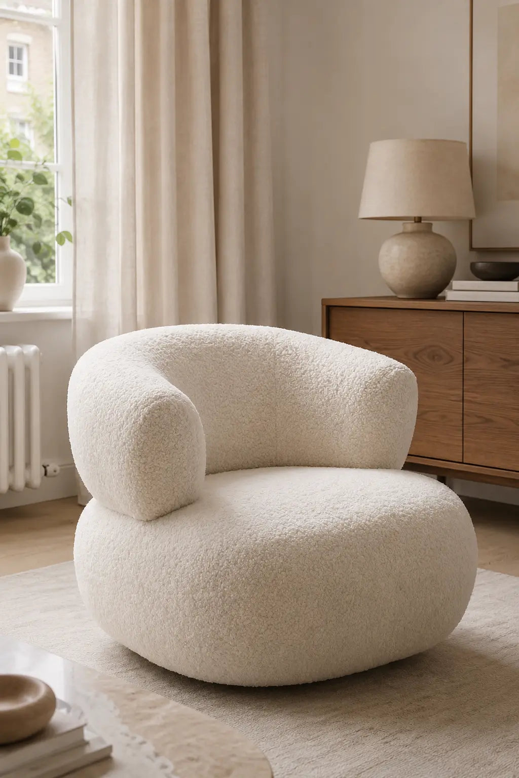 Modern white bouclé armchair in a warm living room with sideboard and soft curtains