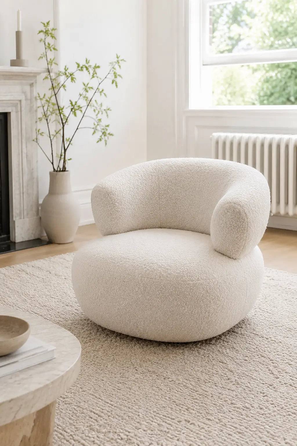White bouclé living room armchair styled beside a fireplace in a modern UK home