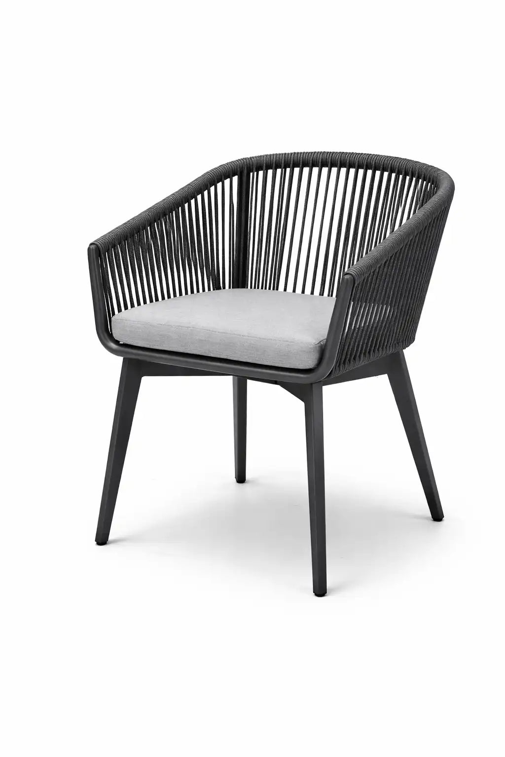 Black wicker chair with a gray cushion on a white background
