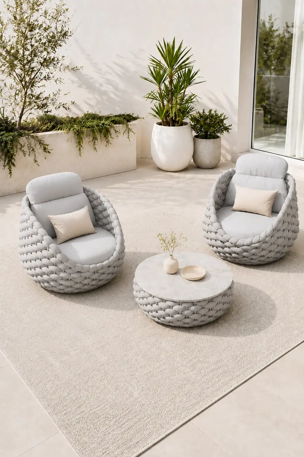 Two gray woven chairs with cushions and a matching round table on a patio with plants in the background.