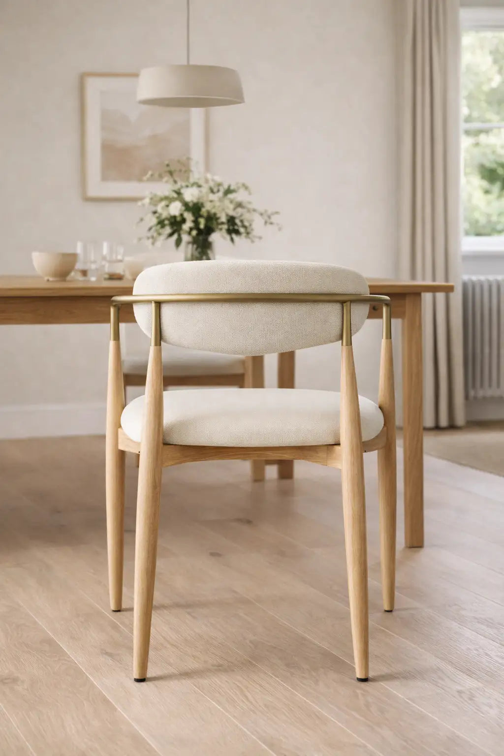 Solid wood dining chair UK back view featuring ash wood frame and curved upholstered backrest.