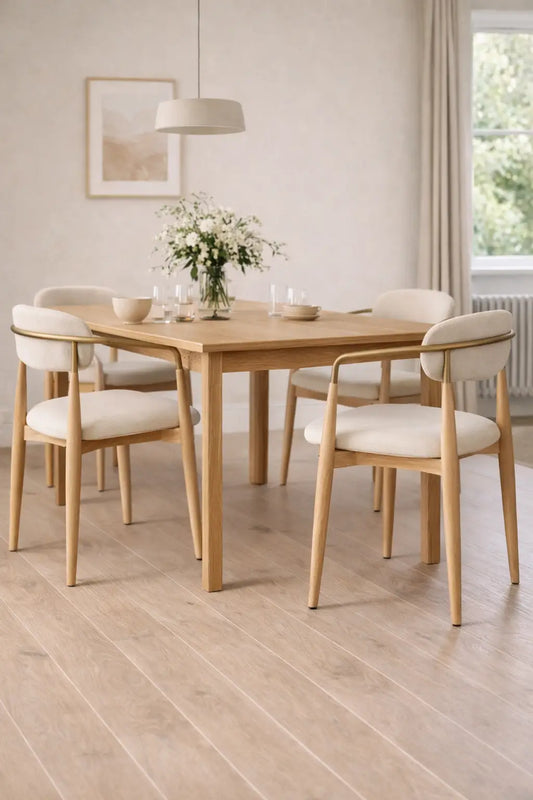 Solid wood dining chair UK set of four in ash wood around modern oak dining table in a bright UK home.