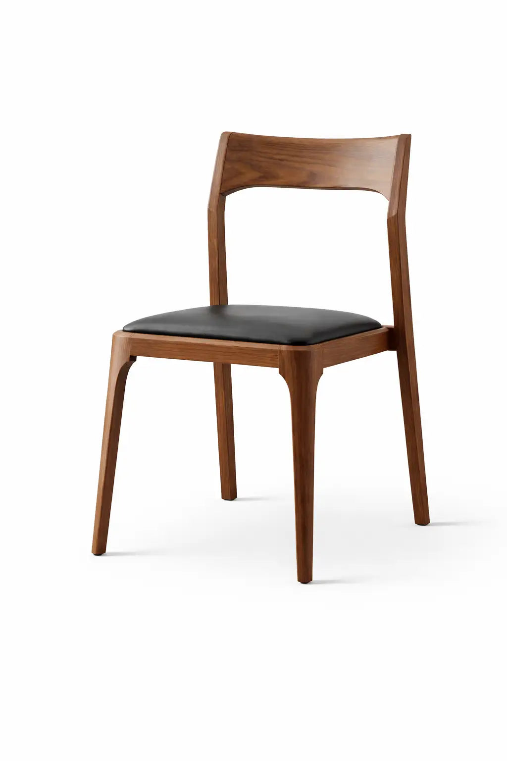 Wooden chair with black cushioned seat on a white background