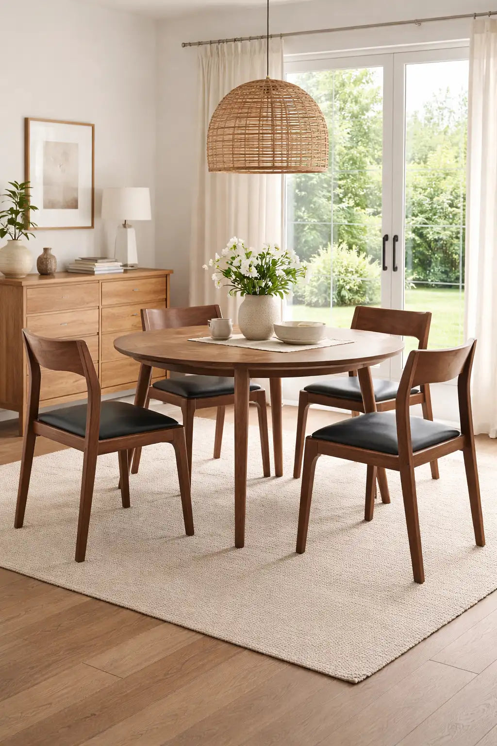 Dining room with wooden table and chairs, large window, and decor elements.