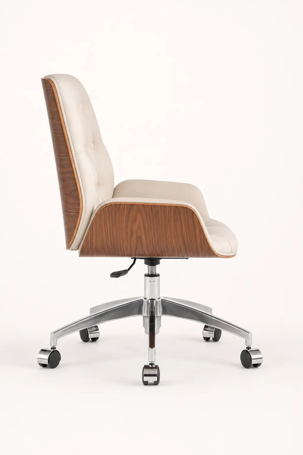 Opposite side view of cream executive office chair with walnut shell, upholstered seat, height lever and wheeled chrome base
