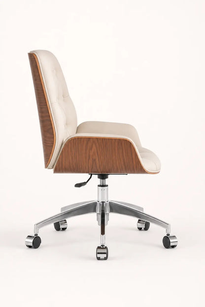 Opposite side view of cream executive office chair with walnut shell, upholstered seat, height lever and wheeled chrome base