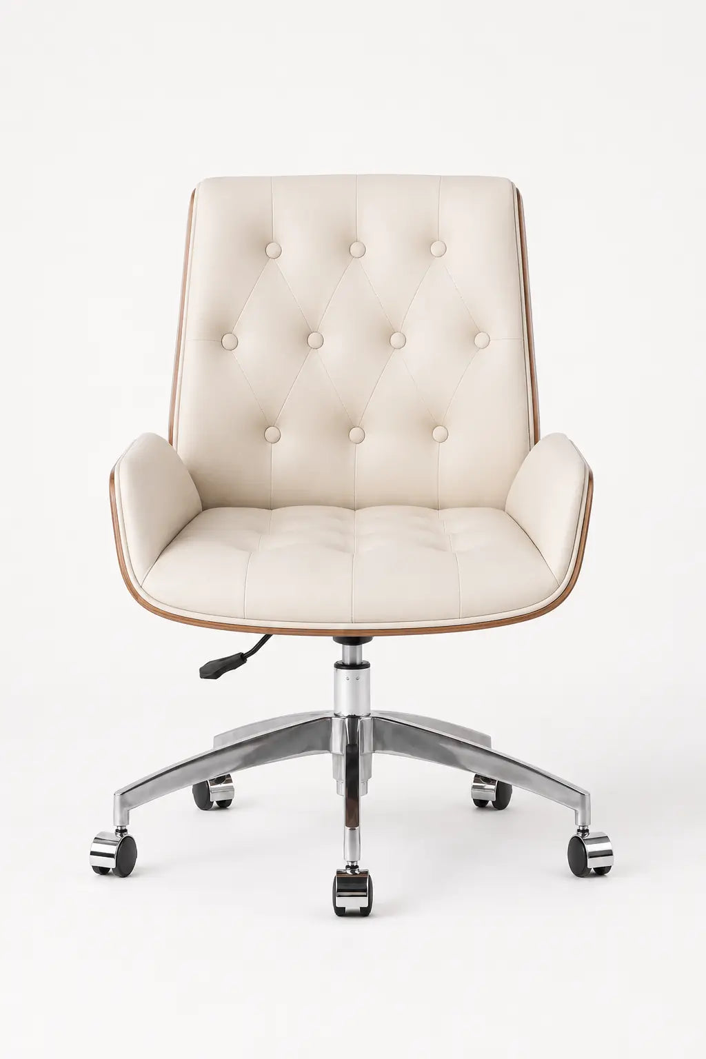 Close-up of cream button-tufted backrest and seat with a curved walnut side panel on an executive office lounge chair