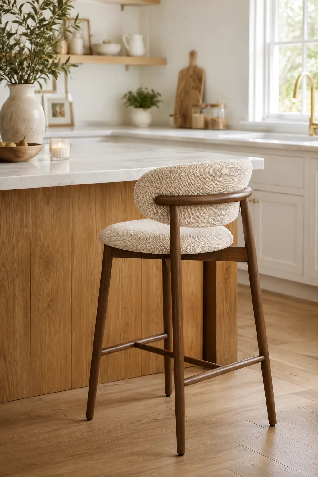 Designer bar stool for kitchen island with curved upholstered backrest and wooden legs in contemporary kitchen