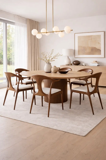 Set of six solid walnut dining chairs around round wooden dining table in modern UK dining room interior.