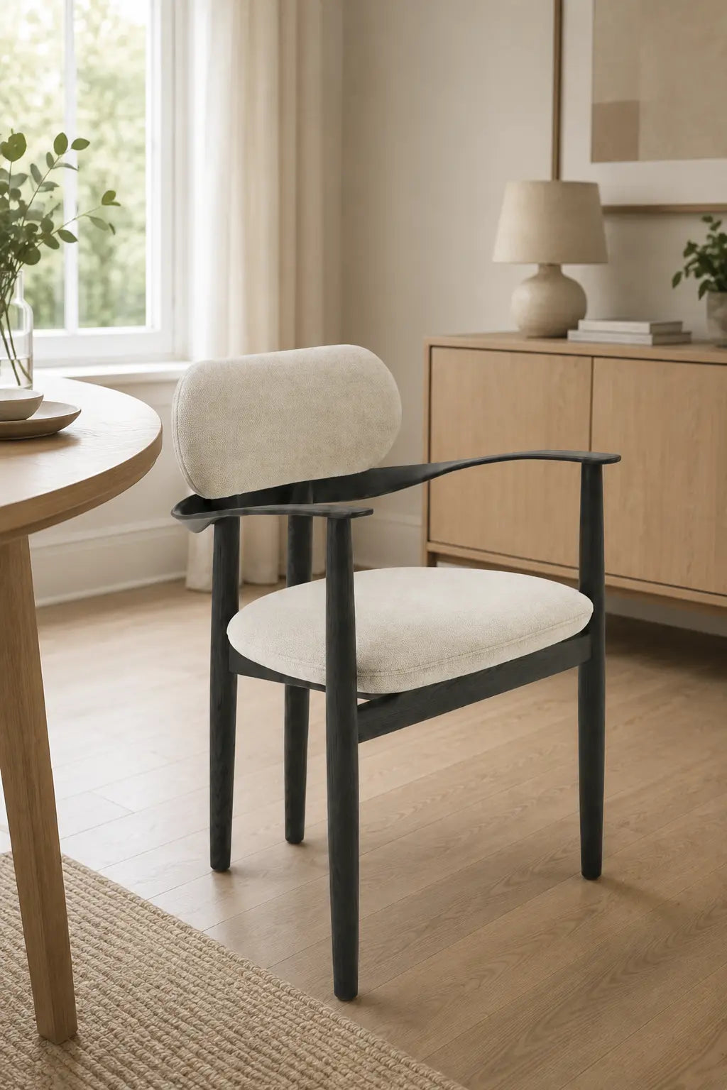 Dining room with a round wooden table and four chairs in a well-lit room.