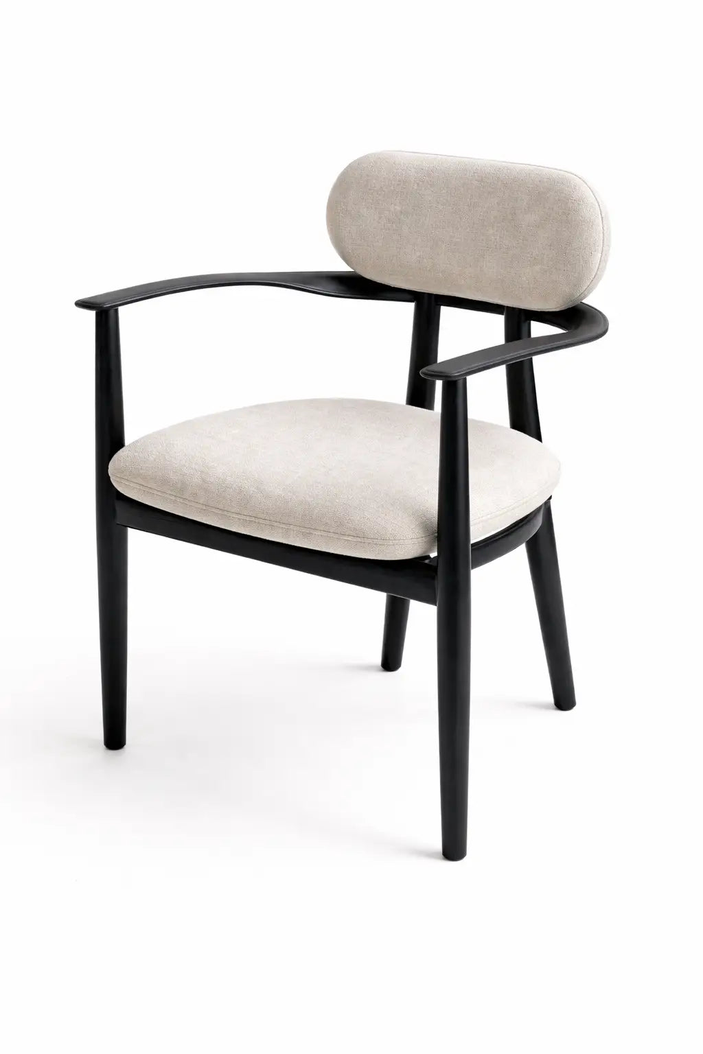 Chair with black frame and beige cushion on a white background