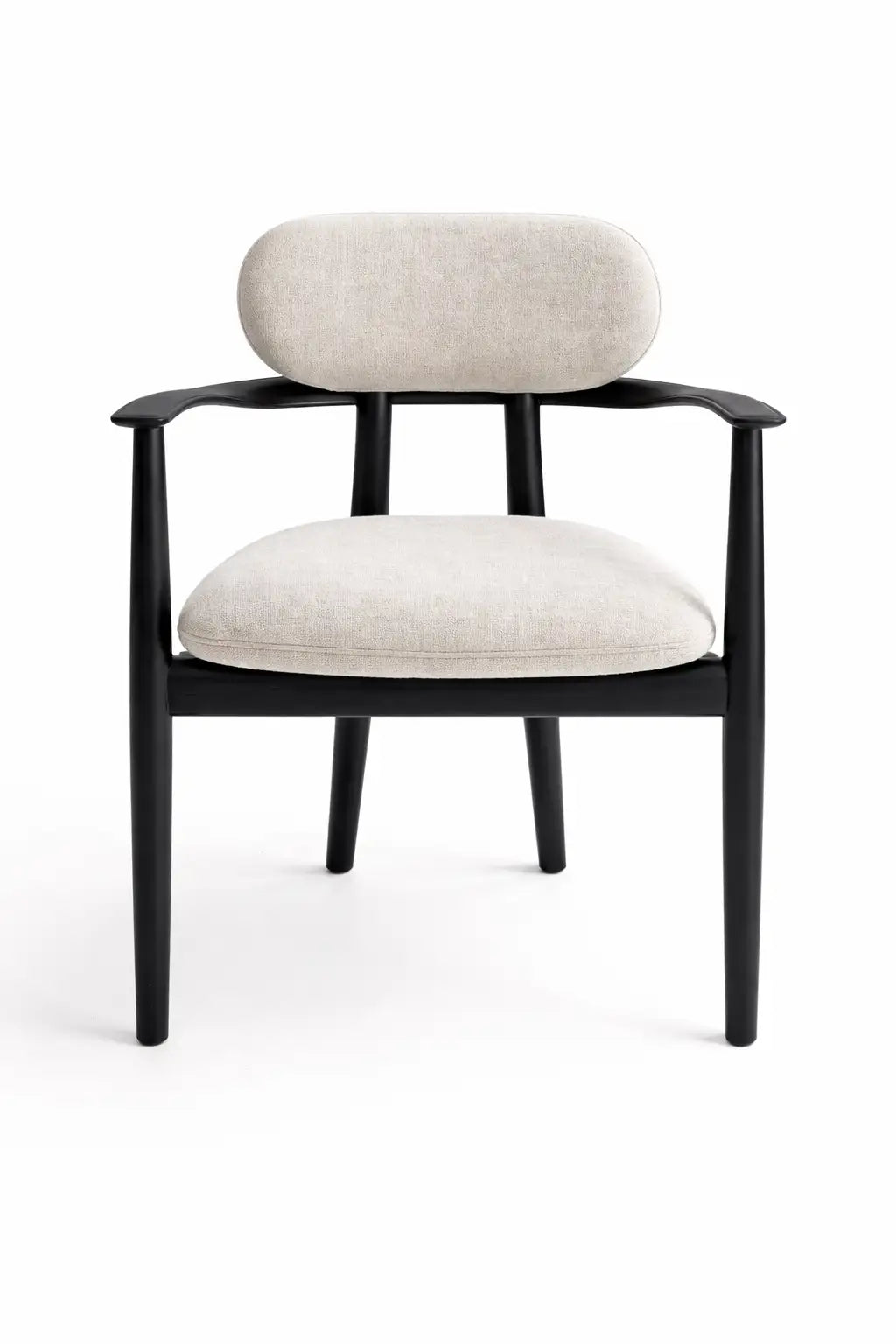 Chair with black frame and beige cushion on a white background