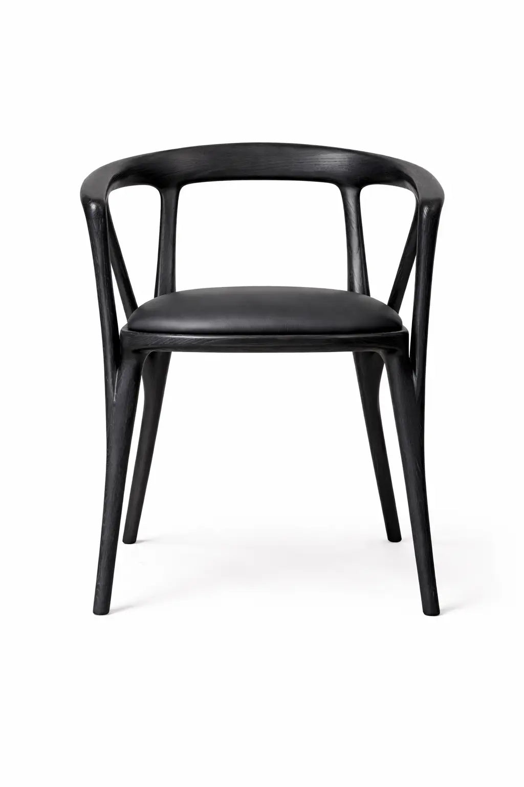 Modern wooden dining chair with curved arms and padded seat, shown at a three-quarter angle