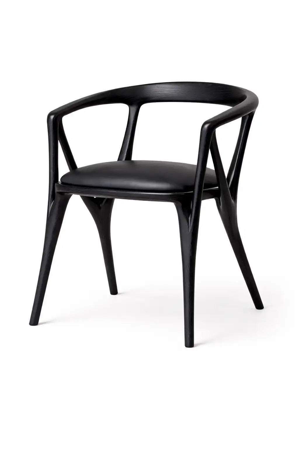 mid century dining chair UK black wood frame with mustard upholstered seat front view
