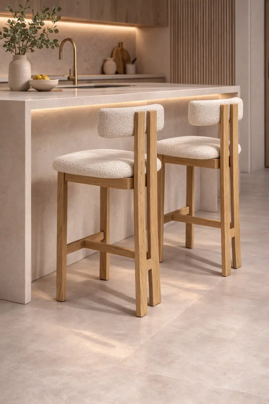 Feltham ash wood bar stools at kitchen island, modern wooden bar stool UK for breakfast bar and contemporary kitchens.