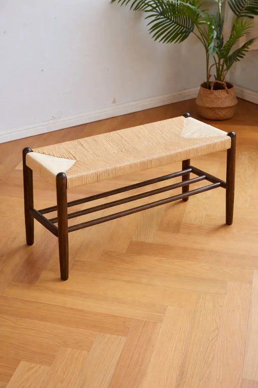 Finsbury wooden hallway bench with Danish cord seat in Scandinavian entryway interior.