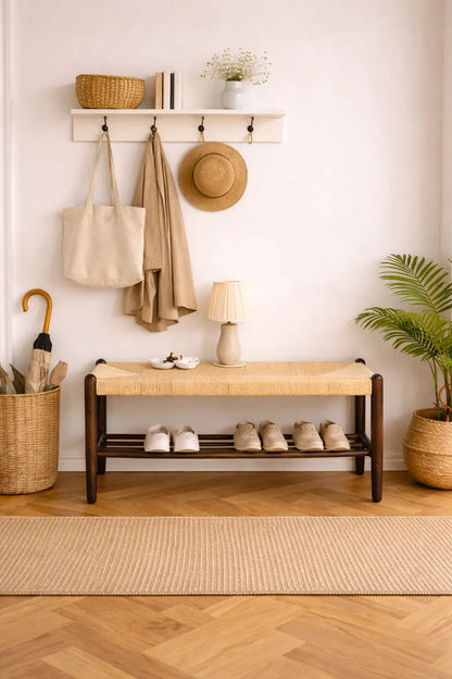Finsbury Scandinavian wooden hallway bench with woven Danish cord seat.