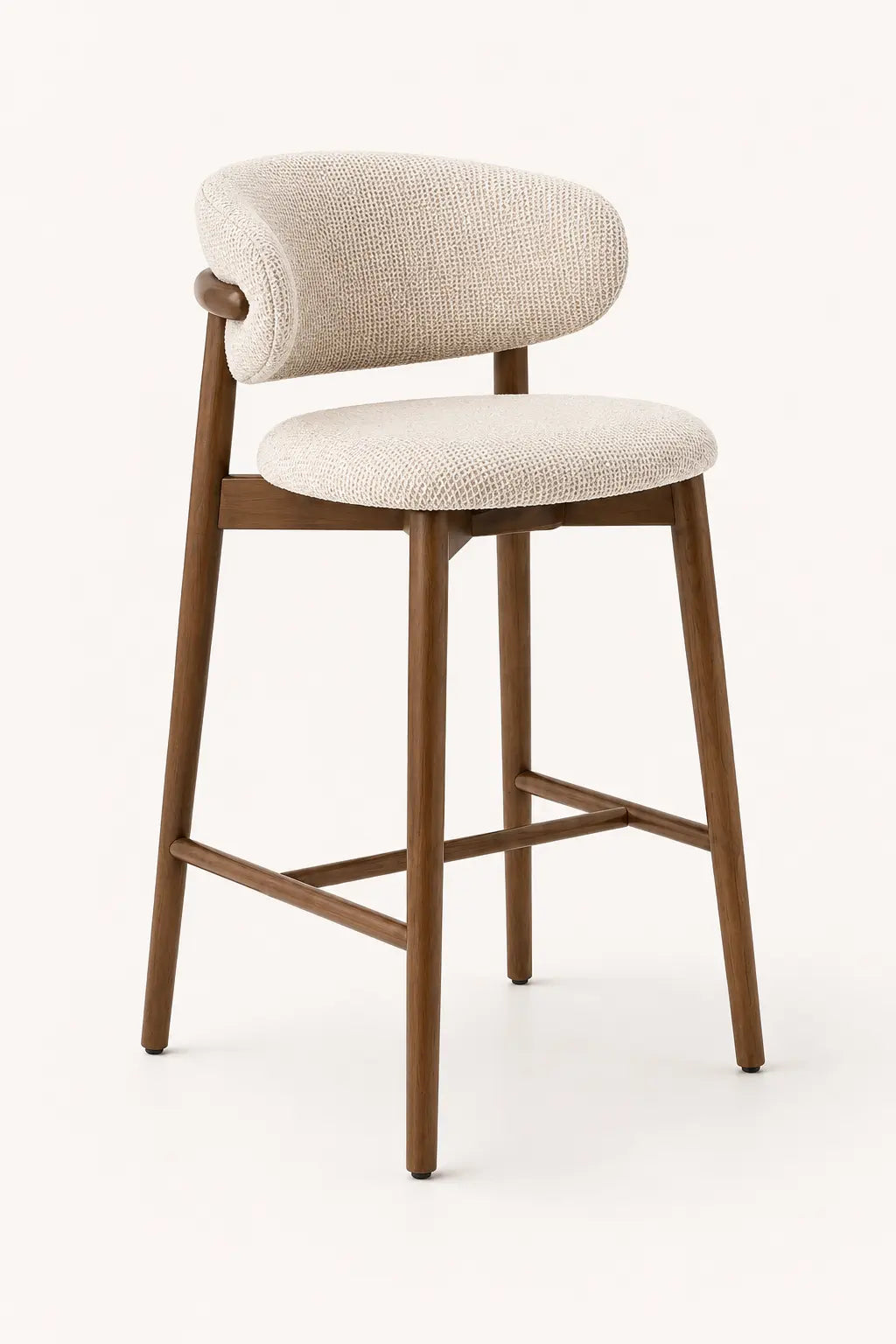Front view of upholstered bar stool for kitchen island with wooden frame and curved backrest