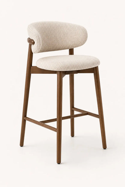 Front view of upholstered bar stool for kitchen island with wooden frame and curved backrest