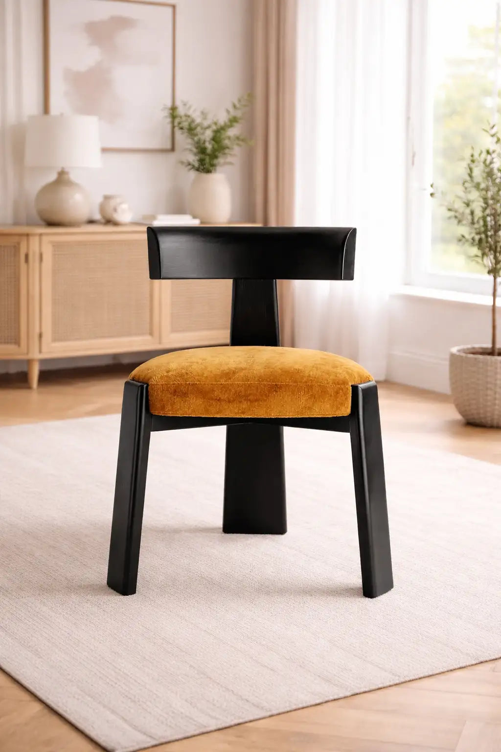 mid century upholstered dining chair UK with black wooden frame and mustard fabric seat in minimalist UK home interior
