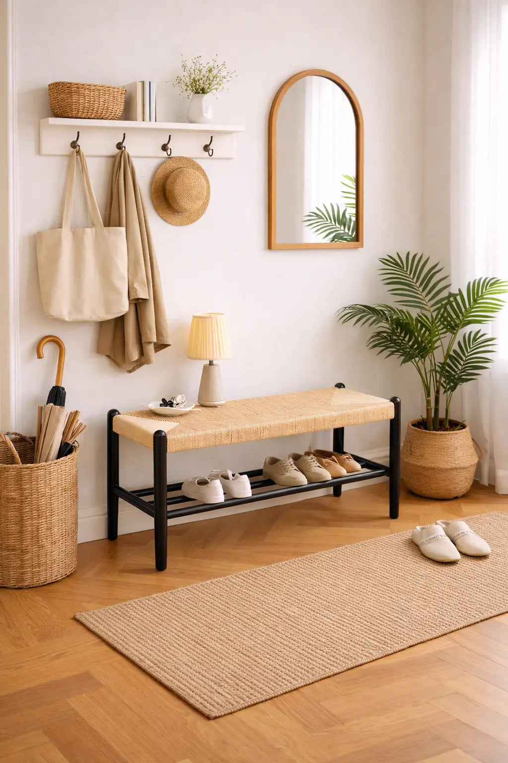 Scandinavian wooden hallway bench with shoe storage in modern UK entryway interior.