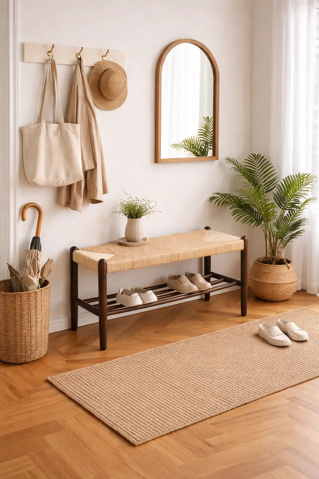 Entryway with wooden bench, mirror, plants, and shoes on a wooden floor.