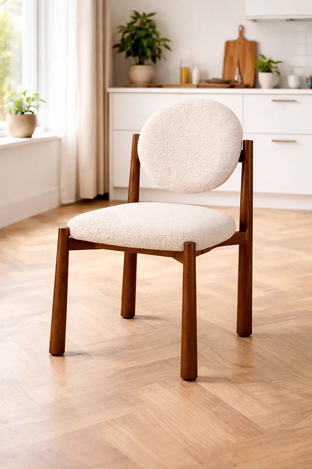 mid century modern boucle dining chair UK styled in bright kitchen interior with wooden flooring and natural light