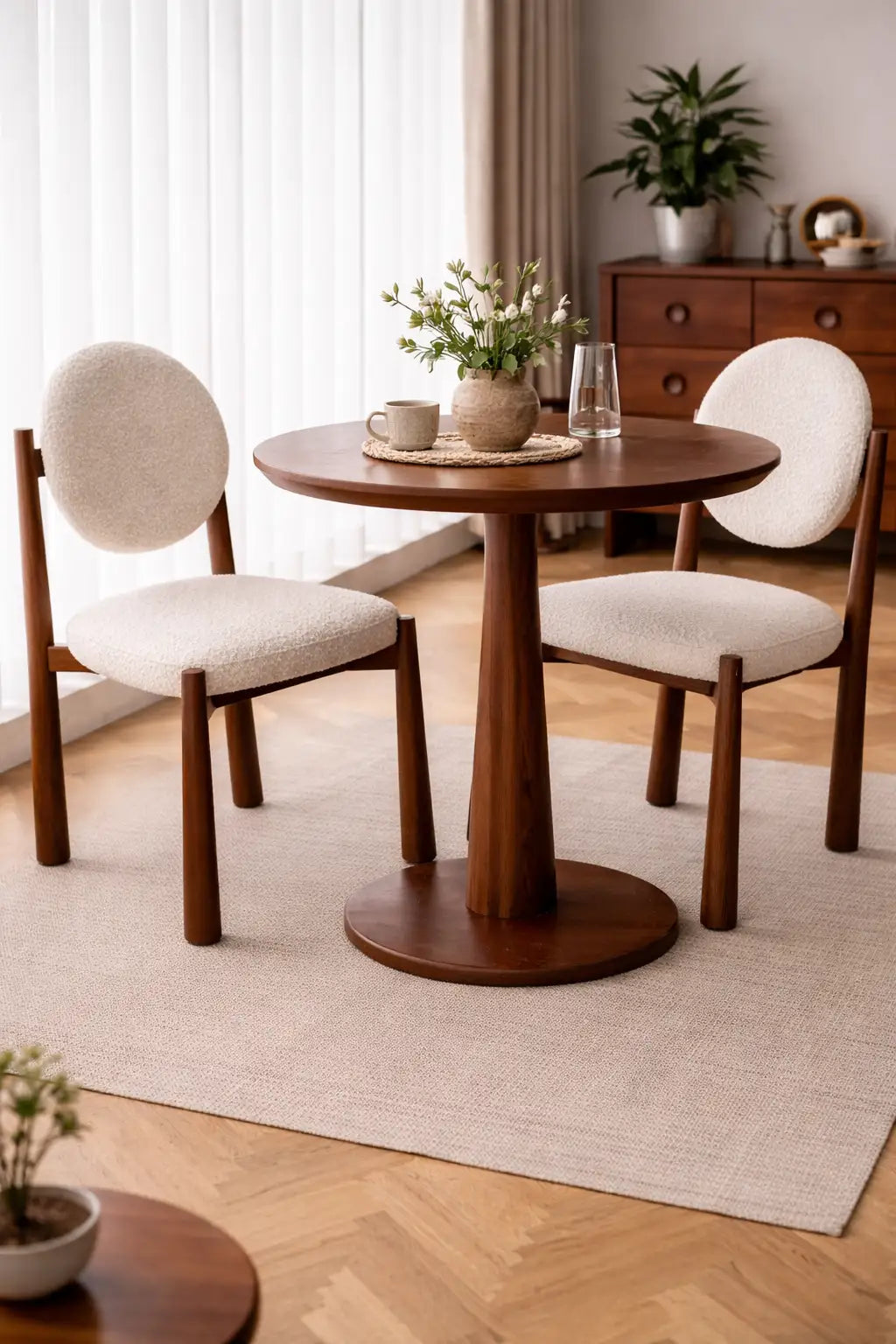 mid century boucle dining chair UK with round walnut dining table in modern Scandinavian dining room interior