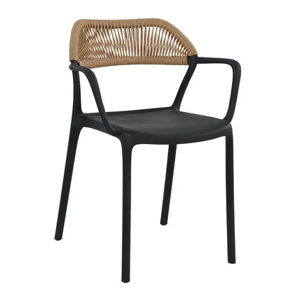 Chair with black frame and woven backrest on a white background