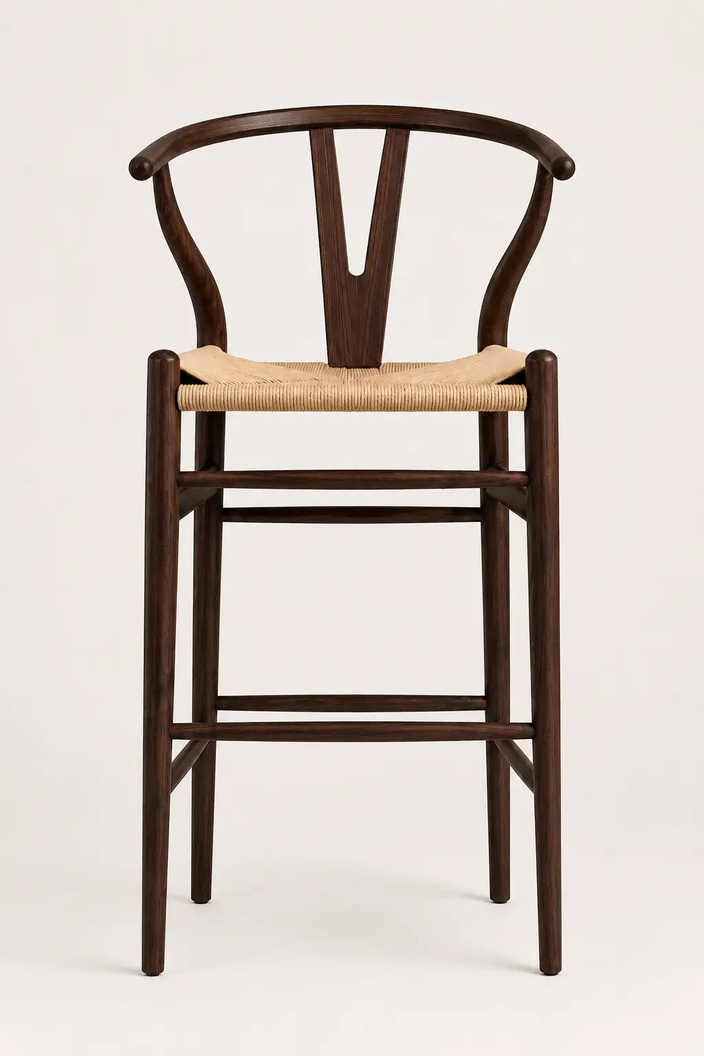 Wooden bar stool with woven seat on a white background