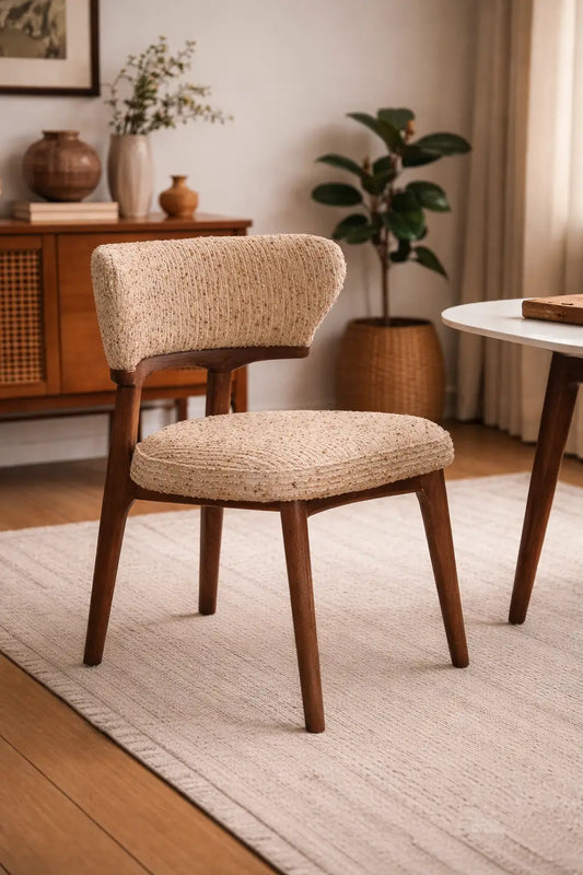 contemporary dining chair UK front angle with upholstered seat and solid wood legs