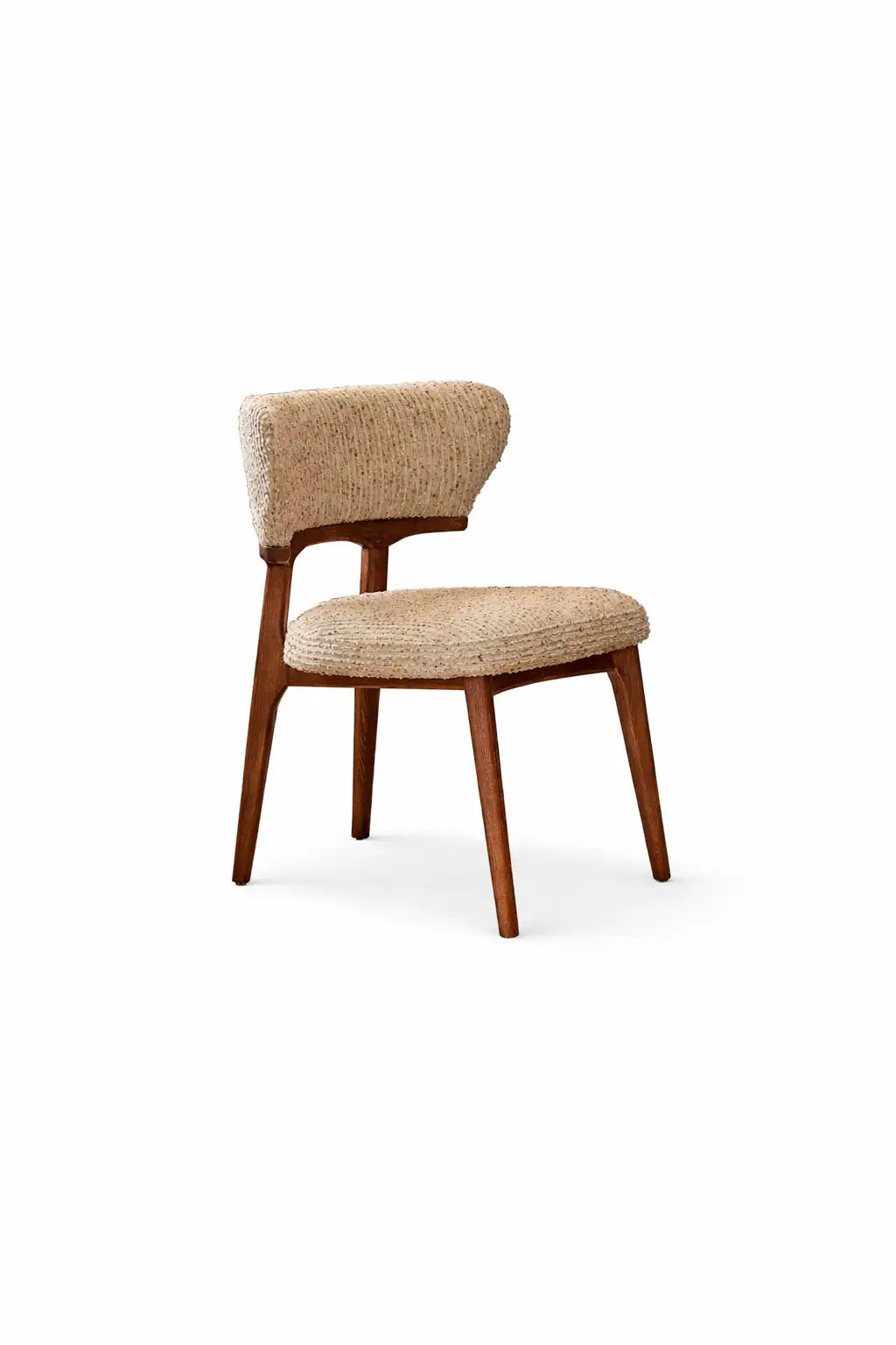 Beige upholstered chair with wooden legs on a white background