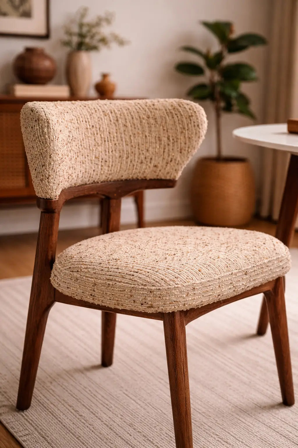 Beige cushioned chair with wooden legs in a room with plants and a table.