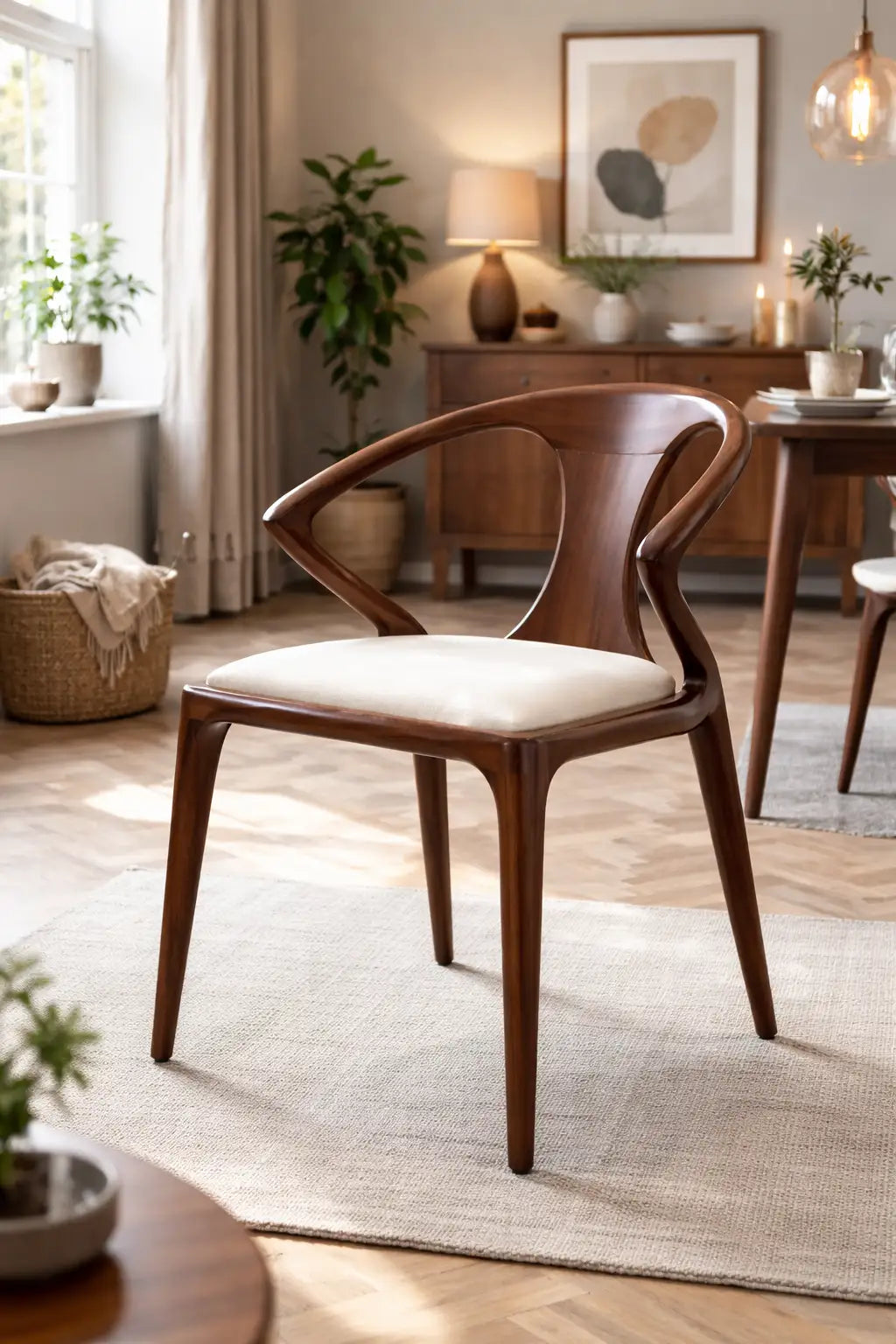 Mid-century dining chair UK in walnut wood with creamy white upholstered seat, front view modern wooden dining chair