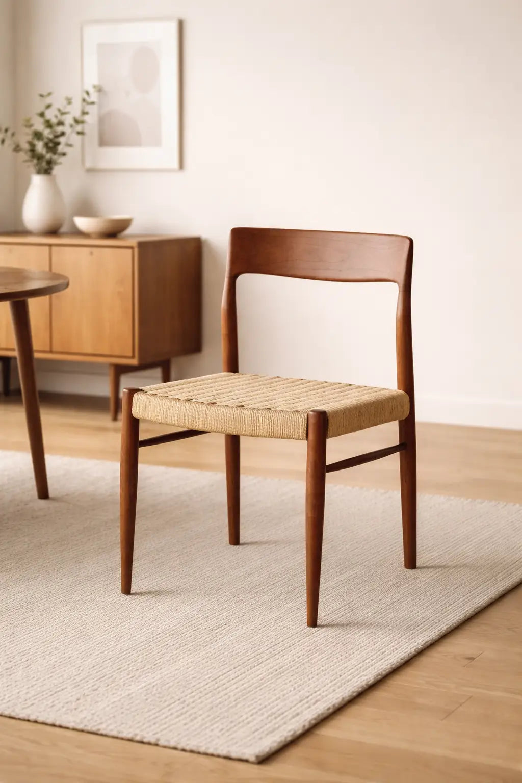 designer dining chair UK styled in warm neutral UK home environment