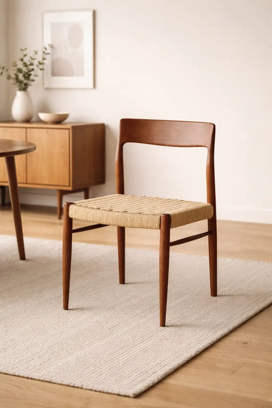 designer dining chair UK styled in warm neutral UK home environment