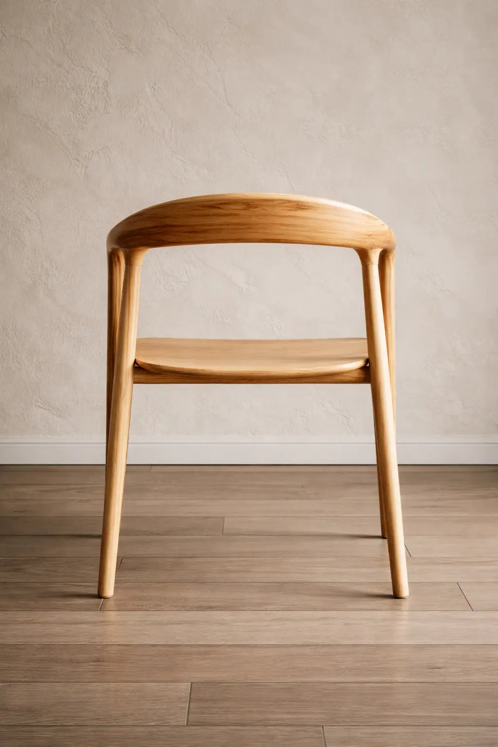 Front view of a minimalist Scandinavian dining chair UK, crafted in natural wood for café seating and restaurant dining spaces.